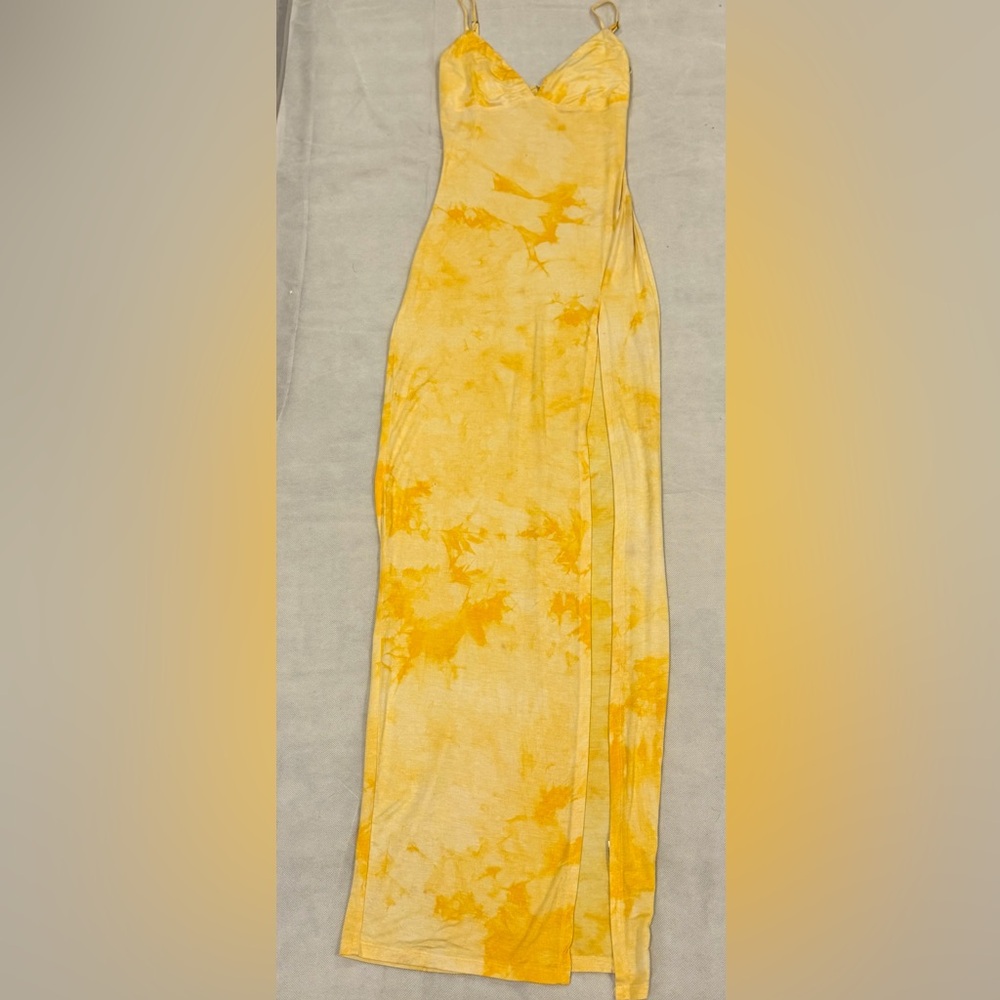 NWOT Fashion Nova Yellow Tie-Dye Slip Maxi Dress Size Medium - Picture 2 of 6